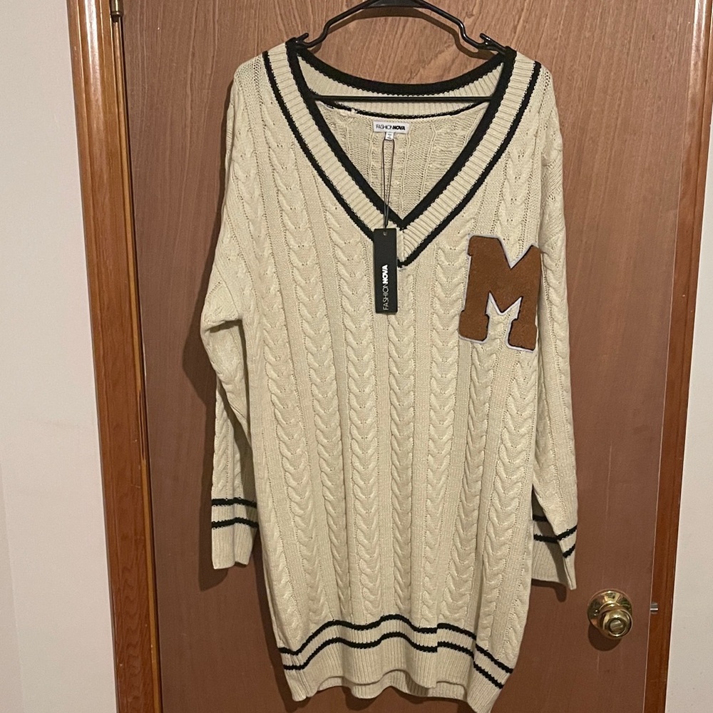 Cream V-Neck Sweater with Brown Patch